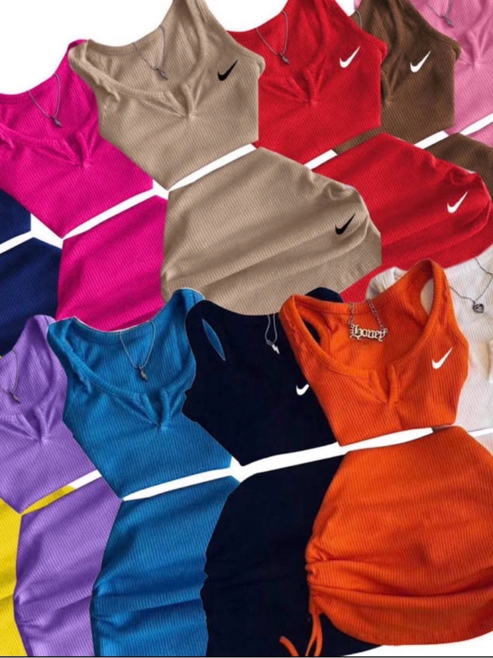 Nike Ribbed Tank Crop Top Set - Pink, Red, Orange, Blue, Black, Tan, Purple